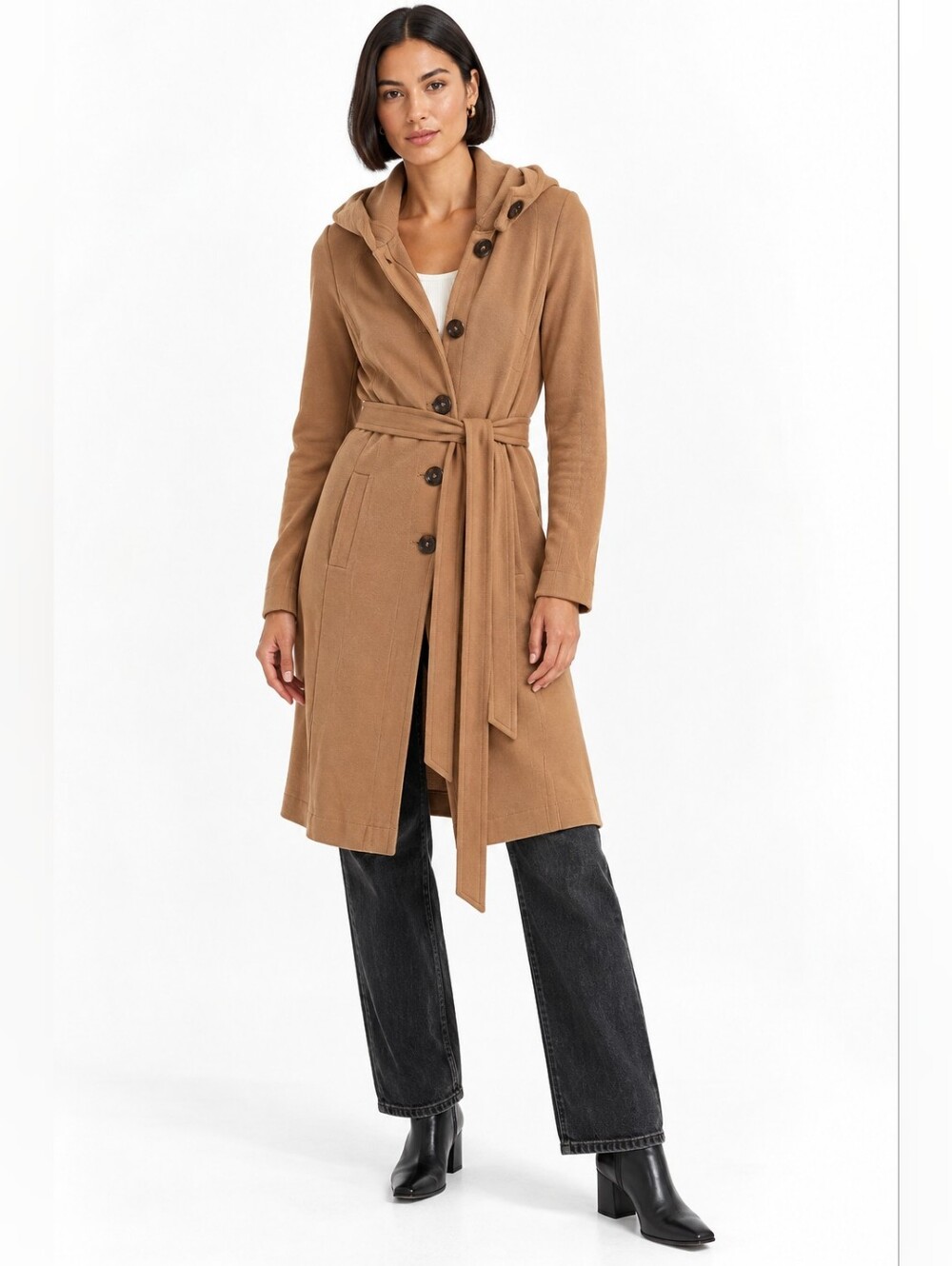 James Perse Camel Cotton Hooded Belted Coat Size 3 Large